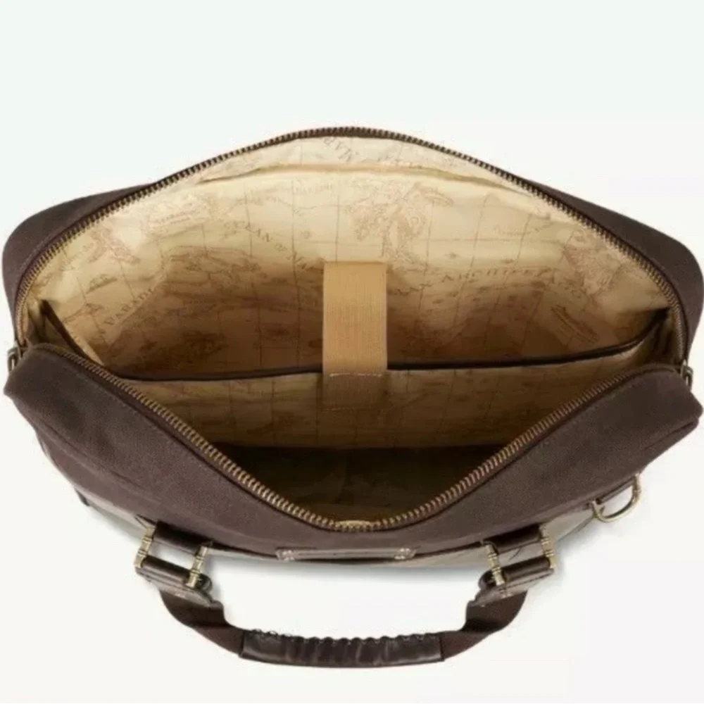 Tommy Bahama Tobago Briefcase Laptop Bag Canvas & Leather Carry Strap Map Lining